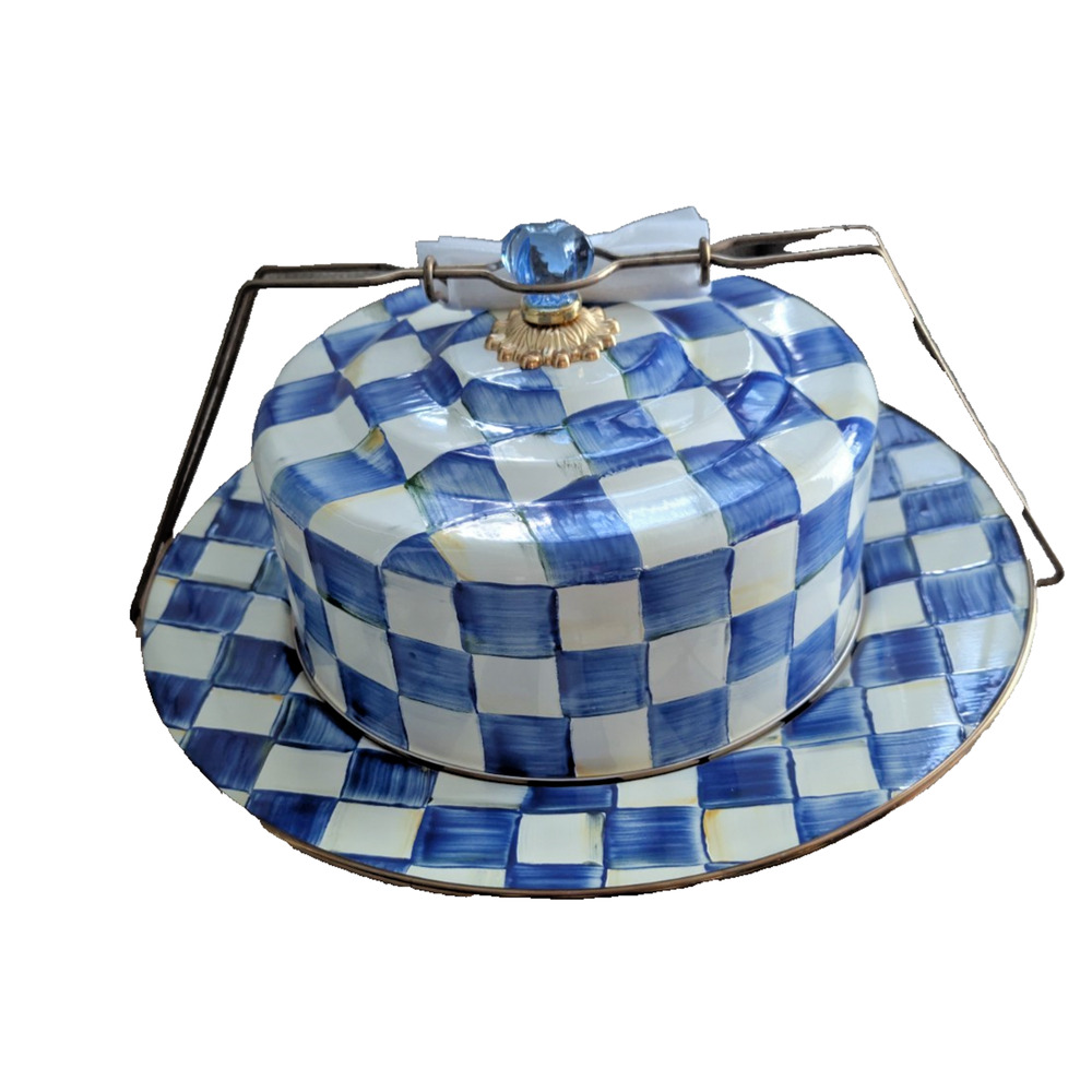 MacKenzie Childs Blue Royal Check Enamel Cake Carrier Retired Collectible
